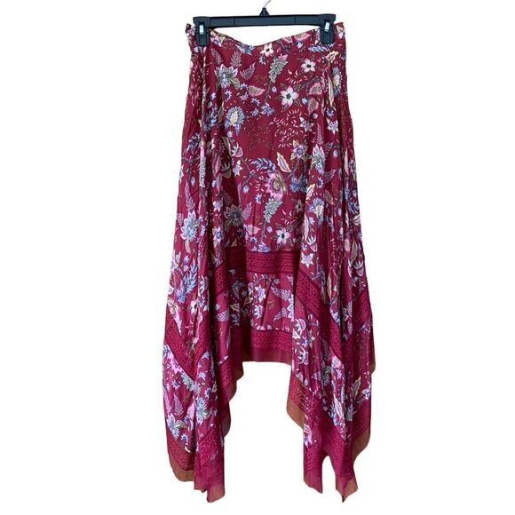 BCBGMAXAZRIA Floral Handkerchief-Hem Skirt Deep Red Size S - Picture 5 of 12